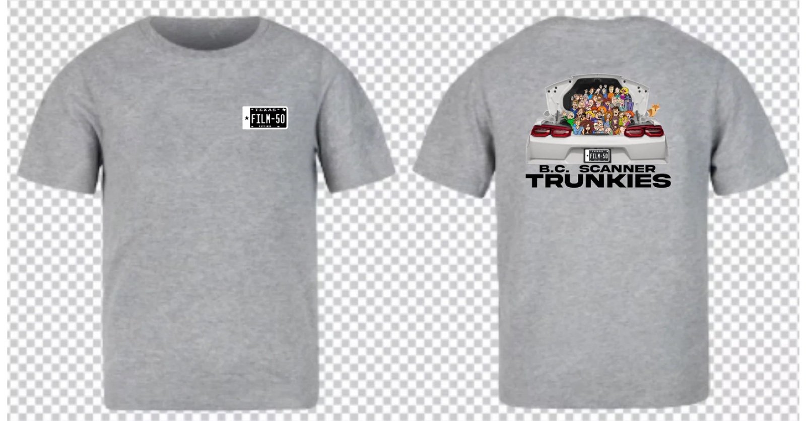 Gray t-shirt showing B.C. Scanner Trunkies design with front and back views